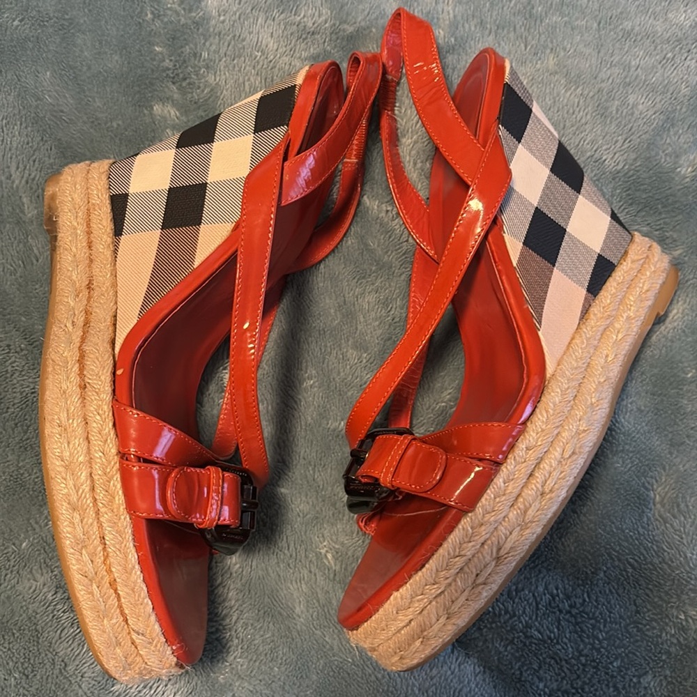 Red Burberry sling back wedge sandal